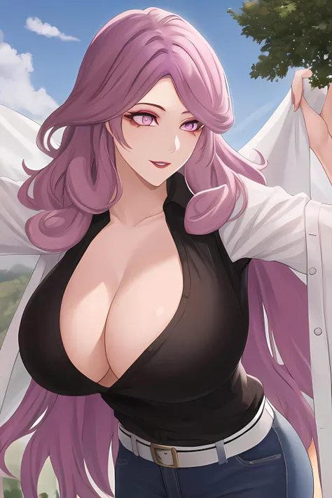 masterpiece, best quality, 1girl, solo, long hair, breasts, large breasts, pink hair, black shirt, jeans, park, purple eyes, makeup, lipstick, outdoors, <lora:hikifune-000005:1>, parted lips, smile