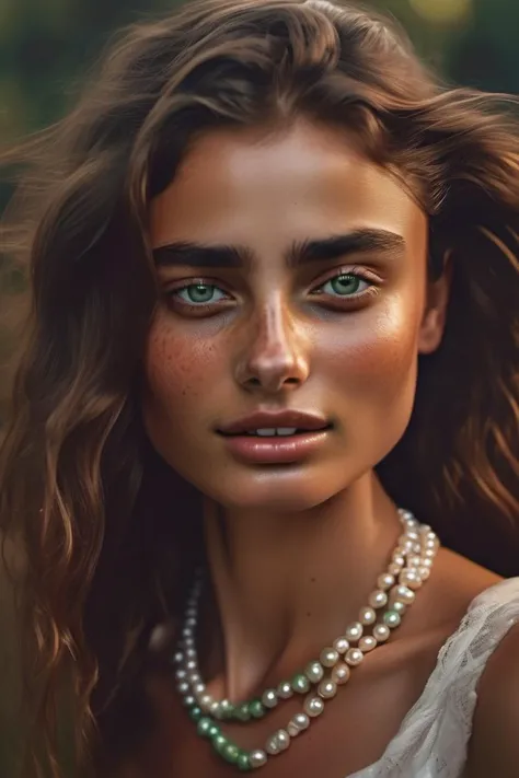 <lora:taylor_hill_xl_lora_30:1> taylor hill woman Realistic 8K portrait: A young Smiling Freckles brunette, green eyes, wind-blown long hair, pearl necklace; dramatic lighting, cinematic colors; hyper-above