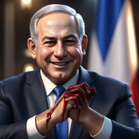 (masterpiece:1.2) (photorealistic:1.2) (bokeh) (best quality) (detailed skin) (intricate details) (8k) (high poly) (ray tracing) (cinematic lighting) (sharp focus),( full body:1.2), <lora:Benjamin Netanyahu:0.8>
(half body:1.2) The truth of clean smiling Benjamin Netanyahu (trying to wipe blood from his hands:1.4), (malevolence:1.2) <lora:add_detail:1>