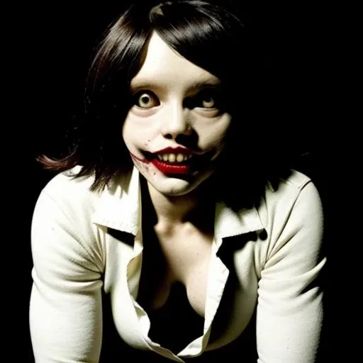 a girl in j3ff face, cleavage, ((white midriff)) horror art, dread, Best quality, masterpiece, ultra high res, (photorealistic:1.4), gopro, black hair, begging for mercy, (in arena), kneeling, creepy, unnerving, unsettling, terrifying, 80mm, horror lighting, dynamic action, full body <lora:j3ff-000063:1>