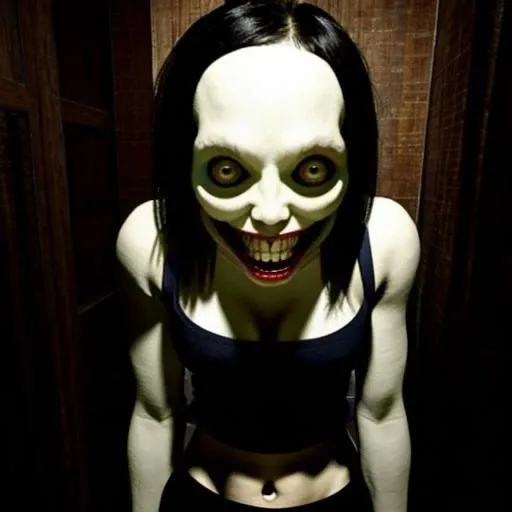 a girl in j3ff face, ((blakck midriff, full body, sleeveless)), cleavage, horror art, Action shot of a terrifying ghost beaten by the viewer, dread, Best quality, masterpiece, ultra high res, (photorealistic:1.4), gopro, begging for mercy, (in arena), creepy, unnerving, unsettling, terrifying, 80mm, horror lighting, dynamic action <lora:j3ff-000063:1>