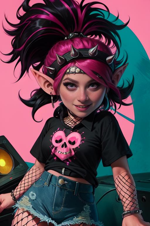 A woman with pink hair and a black shirt sitting on a table - SeaArt AI