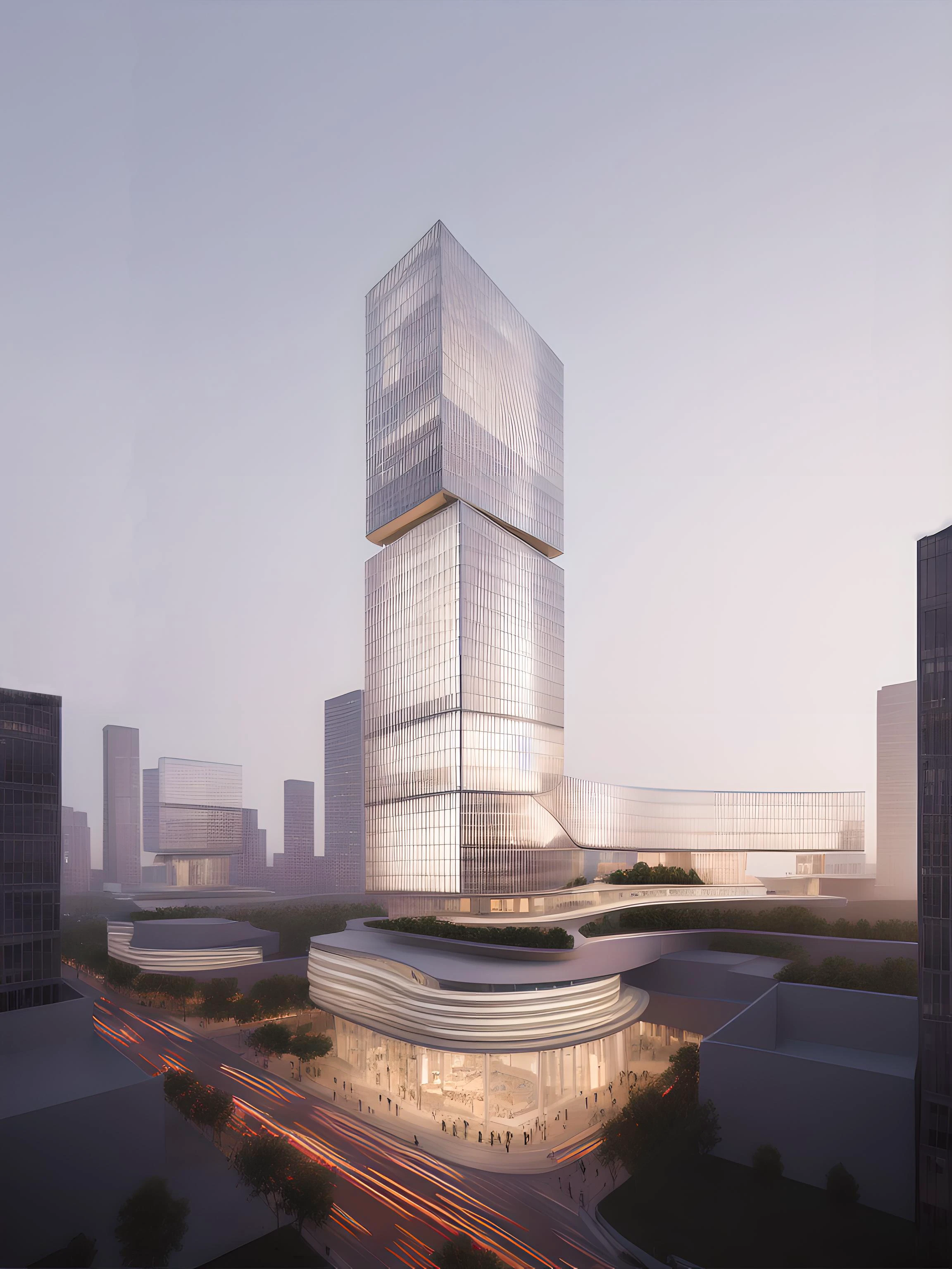 curved high-rise building in city, green building, perspective, stacking boxes, facade, modern style, gothic style,future style, designed by Norman Foster and Zaha Hadid, high technology, digital building, martix, high technology, beautiful, architectural rendering, movie light scene, high resolution, realistic