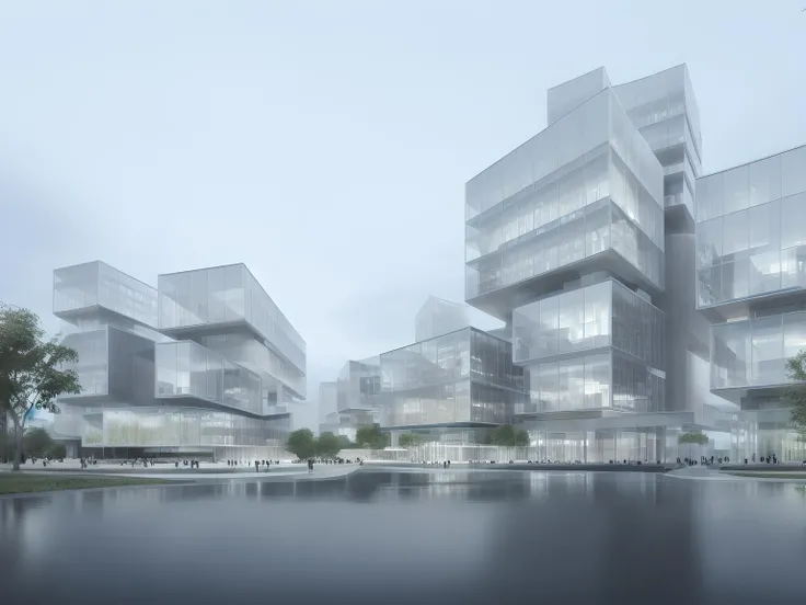 buildings by water, perspective, black and white boxes, facade, modern style, future style, designed by Norman Foster and Zaha Hadid, digital building, martix, high technology, beautiful, architectural rendering, light scene, high resolution, realistic