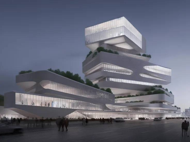 buildings by land, UFO, alien, perspective, black and white boxes, facade, modern style, gothic style,future style, designed by Norman Foster and Zaha Hadid, high technology, digital building, martix, high technology, beautiful, architectural rendering, night scene, light scene, high resolution, realistic