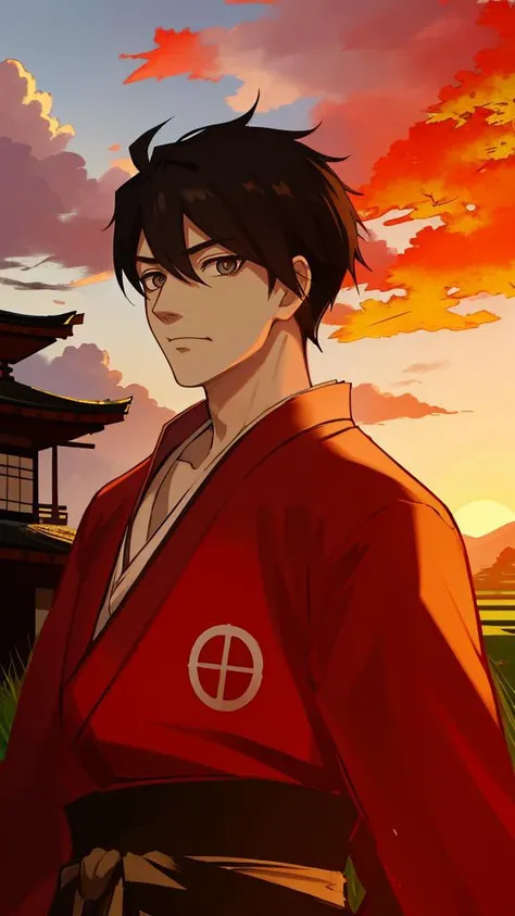 1boy,daojing,masterpiece,best quality,absurdres,incredibly absurdres,artbook,rim light,upper_body,out of frame,<lora:daojing-3:1>,in autumn,sunset,rice paddy,Cirrostratus,intense shadows,japanese_clothes,