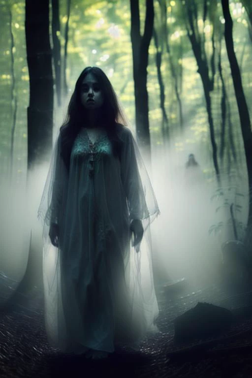 woman in a mythical forest, masterpiece, perfect face, intricate details, horror theme <lora:PAseer-MistyGhost:1> ghost, floating,