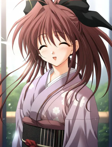1girl,Fujiwara Miyabi,purple kimono,black hair bow,obi,closed eyes,open mouth,smile,^ ^,happy,blush,masterpiece,solo,best quality,game cg,(illustration:1.2),(extremely fine and beautiful),(perfect details),(unity CG 8K wallpaper:1.05),(ray tracing),(beautiful and clear background:1.25),(depth of field:0.6). (detailed beautiful eyes:1.2),(beautiful face:1.2),(hair blowing with the wind:1.1),<lora:miyabi:1>,