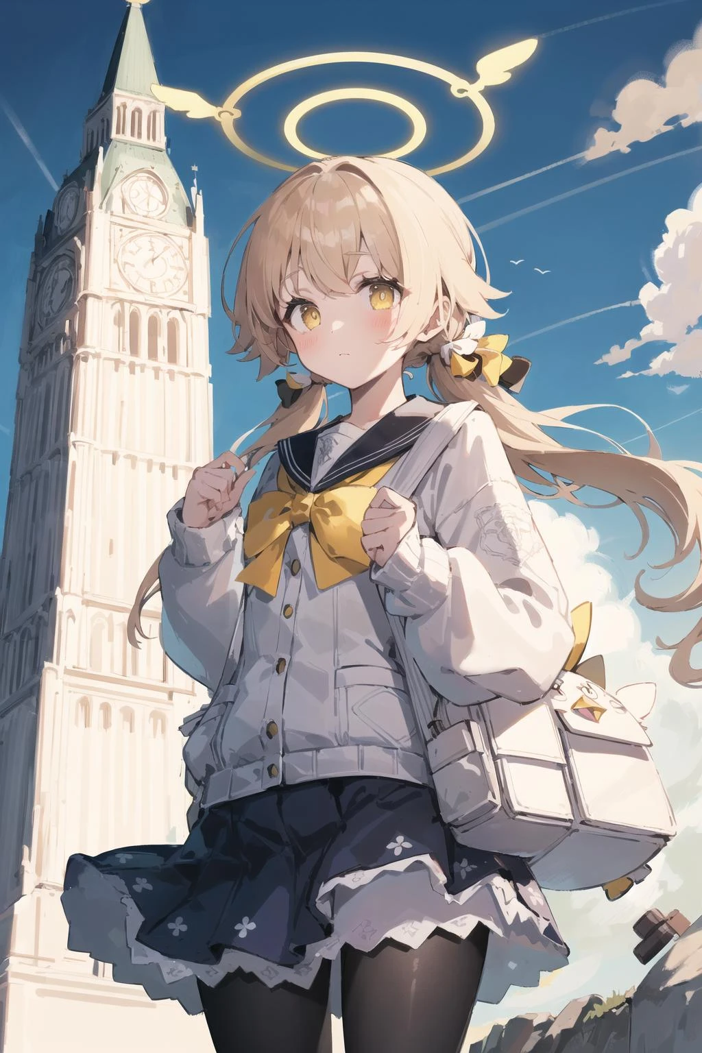 ((masterpiece,best quality)),
(illustration),
1girl, solo, hifumi (blue archive), pantyhose, bag, twintails, skirt, halo, black pantyhose, long hair, school uniform, sky, looking at viewer, cloud, yellow eyes, low twintails, outdoors, backpack, clock, sailor collar, pleated skirt, blue skirt, white cardigan, bangs, long sleeves, blonde hair, blush, frilled skirt, blue sky, day, cardigan, light brown hair, holding strap, clock tower, tower, white bag, ribbon, bow, cloudy sky, frills
<lora:ajitaniHifumi:1>