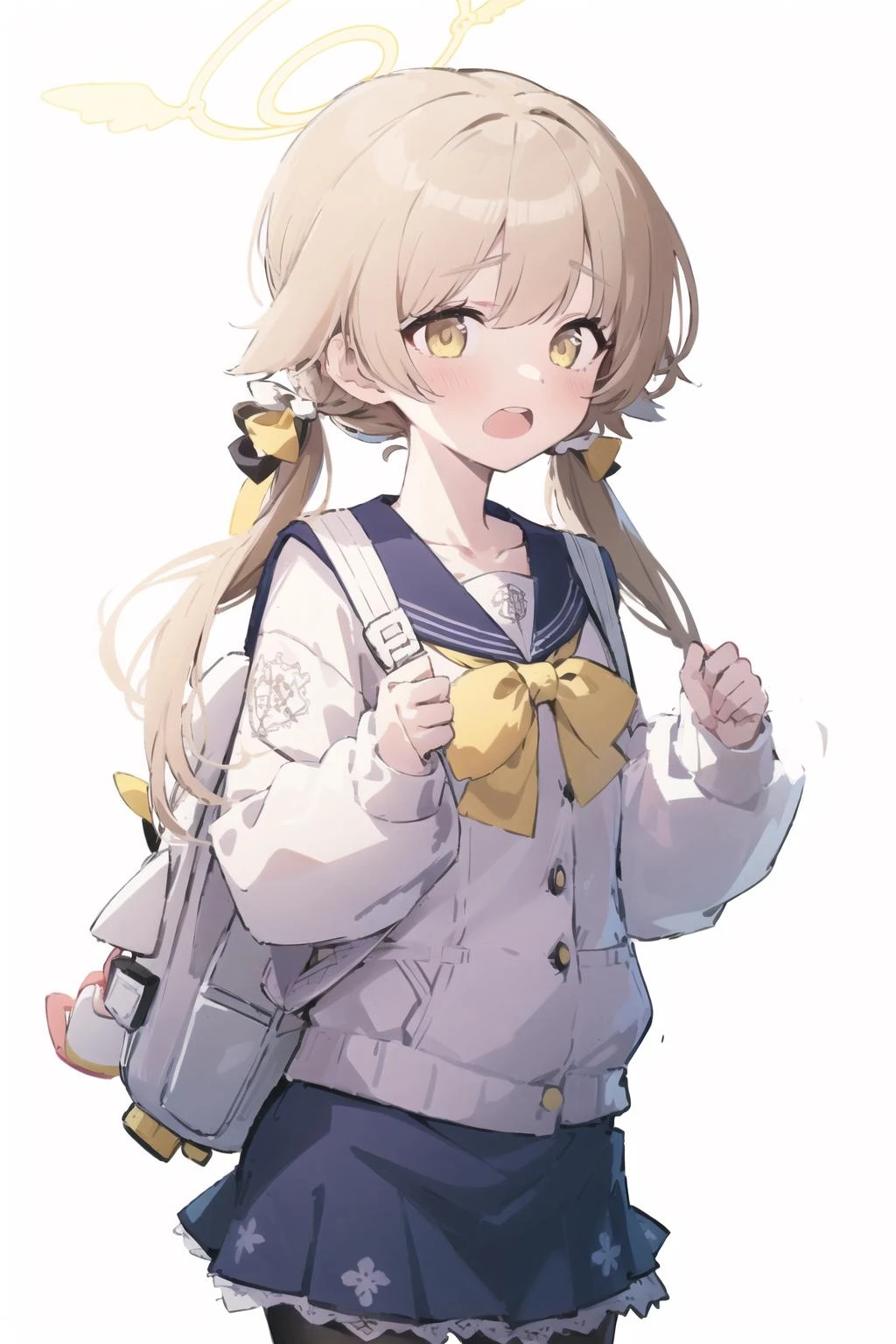 ((masterpiece,best quality)),
(illustration),
1girl, hifumi (blue archive), solo, halo, twintails, bag, blush, pantyhose, simple background, school uniform, backpack, open mouth, low twintails, black pantyhose, skirt, looking at viewer, long hair, light brown hair, sailor collar, brown hair, yellow eyes, long sleeves, collarbone, white background, holding strap, brown eyes, blue skirt
<lora:ajitaniHifumi:1> <lora:blueArchiveV2:0.7>