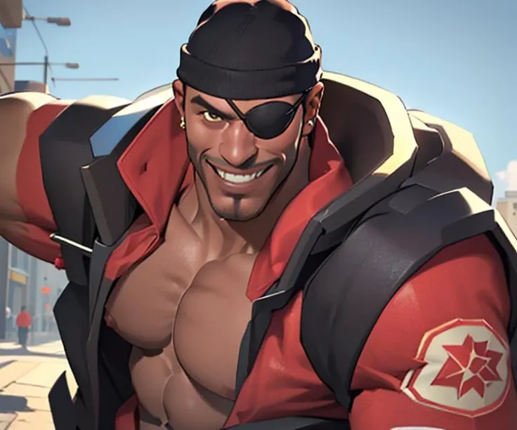 masterpiece, high quality, best quality, half-length portrait, redteam, eyepatch, dark-skinned male, facial hair, beanie, (((topless, muscles, hyper muscles, pecs, abs, bara))), smiling, grinning, detailed background, outdoors, looking at viewer, <lora:demomanlorav2:0.8>