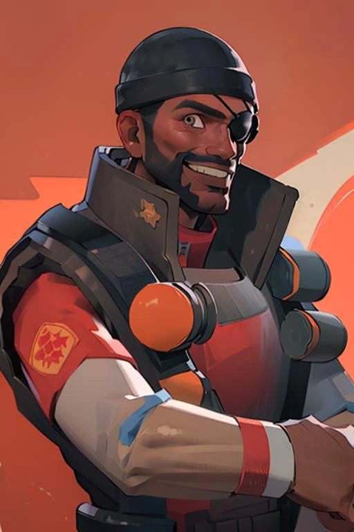 masterpiece, high quality, best quality, full-length portrait, redteam, bluteam, eyepatch, facial hair , beanie, vest, smiling, detailed background, indoors, looking at viewer, (front view:1.2), <lora:demomanlorav1:0.8>