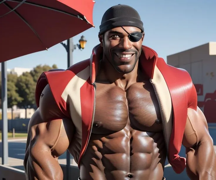 masterpiece, high quality, best quality, half-length portrait, redteam, (eyepatch), dark-skinned male, facial hair, beanie, (((topless, muscles, hyper muscles, pecs, abs, bara))), smiling, grinning, detailed background, outdoors, looking at viewer, <lora:demomanlorav2:0.8>