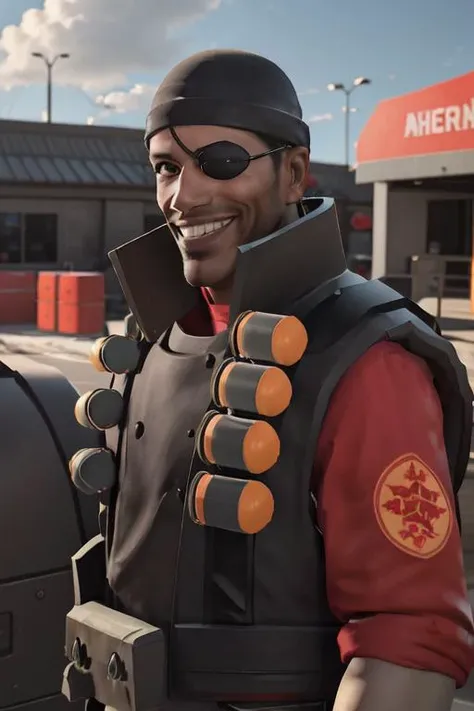 masterpiece, high quality, best quality, redteam, bluteam, eyepatch, beanie, vest, detailed background, outdoors, looking at viewer, front view, smiling, smiling at viewer,  <lora:demomanlorav1:0.8>