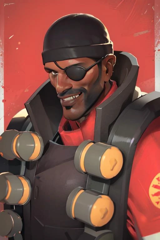 masterpiece, high quality, best quality, full-length portrait, redteam, eyepatch, dark-skinned male, facial hair, beanie, vest, smiling, grinning, detailed background, outdoors, looking at viewer, (front view:1.2), <lora:demomanlorav2:1>