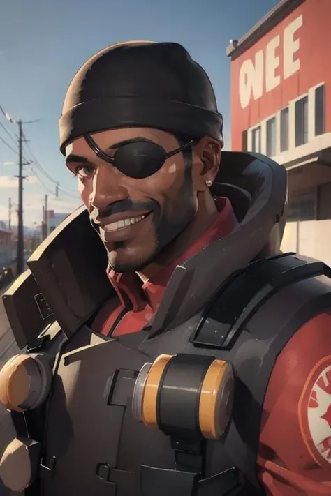 masterpiece, high quality, best quality, full-length portrait, redteam, eyepatch, dark-skinned male, facial hair, beanie, vest, smiling, grinning, detailed background, outdoors, looking at viewer, (front view:1.2), <lora:demomanlorav2:0.8>