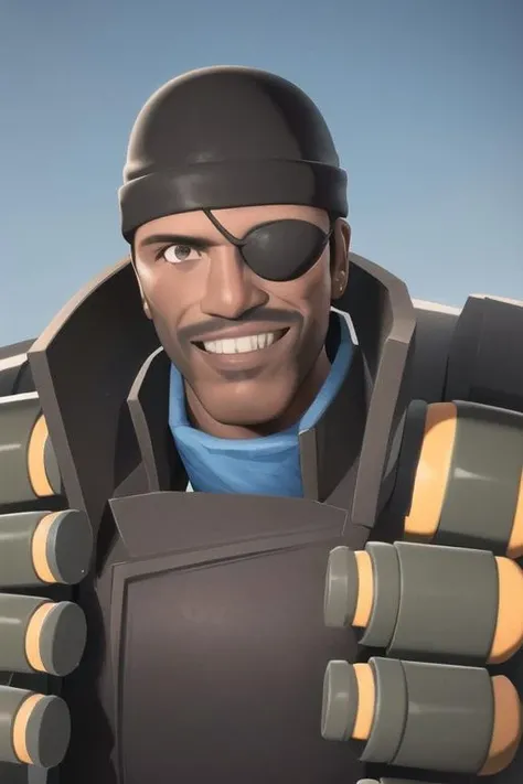 masterpiece, high quality, best quality, full-length portrait, blueteam, eyepatch, facial hair, beanie, vest, smiling, grinning, detailed background, outdoors, looking at viewer, (front view:1.2), <lora:demomanlorav2:1>