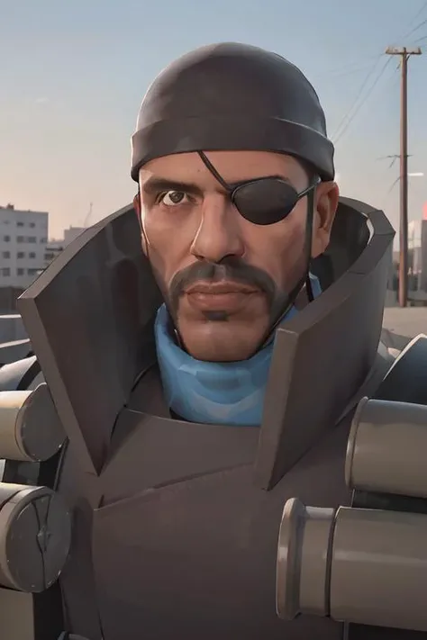 masterpiece, high quality, best quality, portrait, bluteam, bluteam, eyepatch, facial hair , beanie, vest, detailed background, outdoors, looking at viewer, (front view:1.2),  <lora:demomanlorav1:0.8>