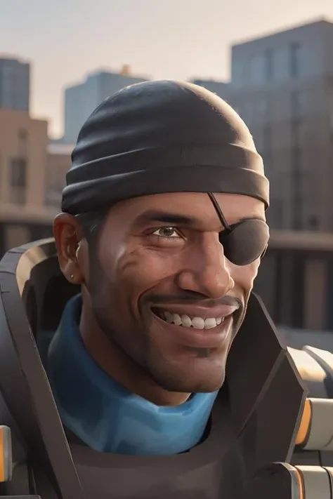 masterpiece, high quality, best quality, full-length portrait, blueteam, eyepatch, facial hair, beanie, smiling, grinning, detailed background, outdoors, looking at viewer, (front view:1.2), <lora:demomanlorav1:0.9>