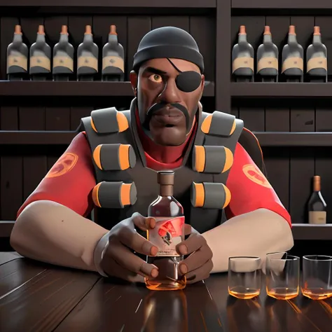 masterpiece, high quality, demo, black skin, eyepatch, beanie,closed vest, red shirt, white sleeves, leaning over table, table full of shot glasses, holding bottle, drinking whiskey bottle, hand on table, bottles of whiskey in foreground, drunk, <lora:demomanlorav1:.8>