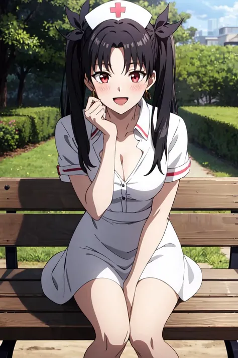 1girl , solo, <lora:IshtarV2:0.8>, ishtar \(fate\), black hair, long hair, red eyes, twintails, hair ornament, breasts, cleavage, blush,
looking at viewer, open mouth, smile, hand up, raised fist, clenched hand, clenched hands,
(nurse cap), white shirt, white skirt, white_heels,
bench, tree, wind, <lyco:Ufussy:0.2>, weird atmosphere, (best quality:1.1), (masterpiece:1.2), high quality shadow, beautiful detailed, (high detailed skin, skin details), (wide_landscape, 8k), beautiful face, detailed eyes, depth of field, dramatic light, best quality, highres, best shadow, best illumination,, ufotable style, anime coloring, anime screencap