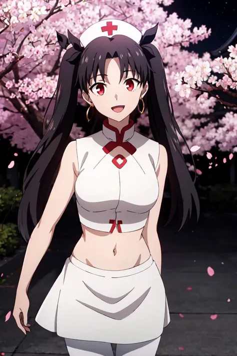 1girl ,cowboy shot, solo, <lora:IshtarV2:0.8>, ishtar \(fate\), black hair, long hair, red eyes, twintails, luminous red eyes,
hair ornament,  breasts, 
looking at viewer, open mouth, smile,  navel, skindentation, head tilt, 
nurse cap, white shirt, white skirt, pantyhose, 
tree, wind, east asian architecture, night, cherry blossoms,<lyco:Ufussy:0.5>, weird atmosphere, (best quality:1.1), (masterpiece:1.2), high quality shadow, beautiful detailed, (high detailed skin, skin details), (wide_landscape, 8k), beautiful face, detailed eyes, depth of field, dramatic light, best quality, highres, best shadow, best illumination,, ufotable style, anime coloring, anime screencap