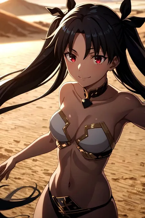 1girl,cowboy shot, solo, <lora:IshtarV2:0.8>, ishtar \(fate\), black hair, long hair, red eyes, twintails, smile, 
flying, midair, 
wind, sand, sunlight, desert, multicolored background, <lora:add_detail:0.2>, <lora:outline:0.3>,  
<lyco:Ufussy:0.5>, weird atmosphere, (best quality:1.1), (masterpiece:1.2), high quality shadow, beautiful detailed, (high detailed skin, skin details), (wide_landscape, 8k), beautiful face, detailed eyes, depth of field, dramatic light, best quality, highres, best shadow, best illumination,, ufotable style, anime coloring, anime screencap