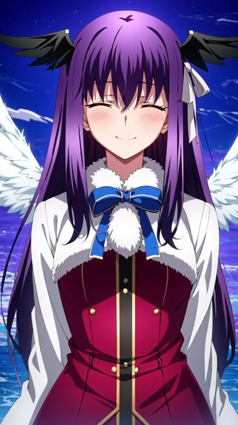 ufotable style, anime coloring, anime screencap, (masterpiece:1.1), closed eyes, best quality, 1girl, string hair ribbon, red hair, ((head wings)), 1girl, solo, black hair, multicolored hair, blush, fur trim, fur-trimmed coat, smile, coat, purple hair, long hair, bangs, closed mouth, bow, white coat, ribbon, two-tone hair, upper body, white bow, hair ornament,arms behind back