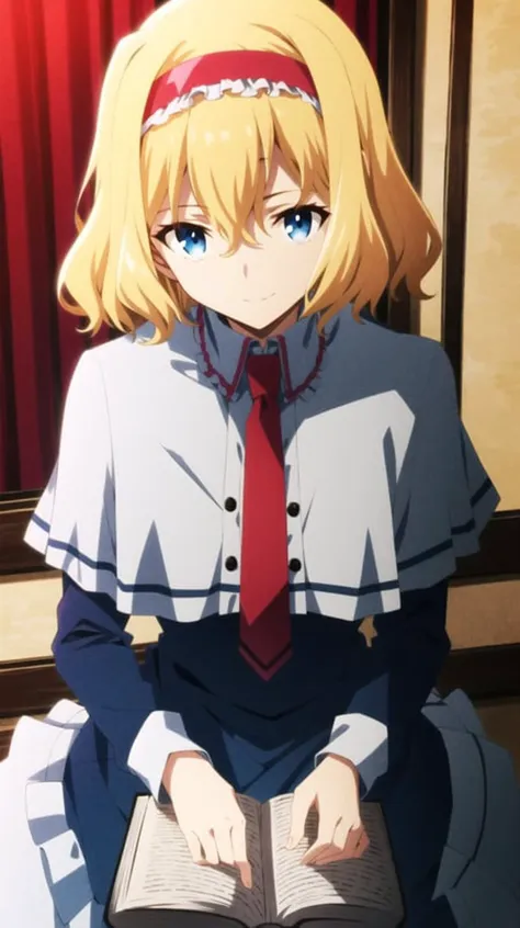 ufotable style, anime coloring, anime screencap, (masterpiece:1.1), best quality, 1girl, alice margatroid, solo, blonde hair, dress, book, hairband, smile, blue dress, looking at viewer, capelet, red hairband, short hair, blue eyes, frills, frilled dress, hair between eyes, long sleeves, closed mouth, bangs, white capelet, necktie, red necktie, frills