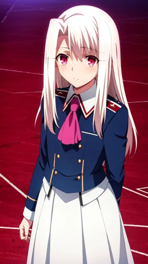 ufotable style, anime coloring, anime screencap, 1girl, solo, skirt, illyasviel von einzbern, red eyes, white hair, looking at viewer, long hair, white skirt, jacket, ascot, long sleeves, shirt