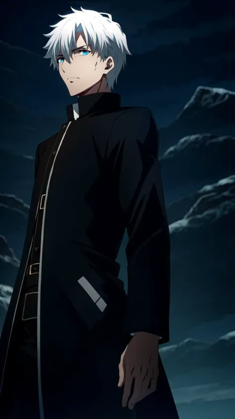 ufotable style, anime coloring, anime screencap, (masterpiece:1.1), best quality, 1boy, white hair, short hair, handsome, tall, coat, black coat, long coat, cold eyes, depressed, looking at viewer, blue eyes, cowboy shot, semi close up