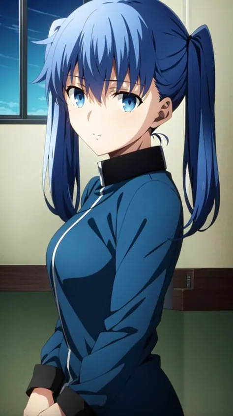 ufotable style, anime coloring, anime screencap, (masterpiece:1.1), 1girl, solo, blue hair, blue eyes, twintails, medium breasts, looking at viewer