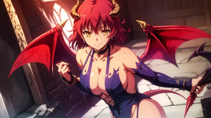 (masterpiece:1.1), best quality, ufotable style,anime coloring,anime screencap, <lyco:Ufussy:0.6>, <lyco:ShamsielV8-000060:0.7>,
1girl, bat wings, breasts, bridal gauntlets, choker, cleavage, demon girl, demon horns, demon tail, demon wings, dragon wings, horns, large breasts, purple wings, red hair, red wings, short hair, smile, solo, tail, wings, yellow eyes