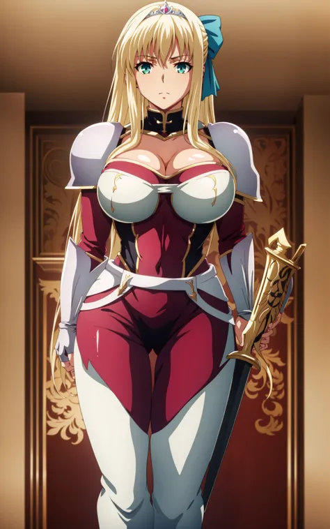 (masterpiece:1.1), best quality, ufotable style,anime coloring,anime screencap,  <lyco:Ufussy:0.6>, IsisPetrovna,  <lora:IsisPetrovnaV1:0.7>,
1girl, aqua eyes, armor, blonde hair, bow, breasts, bridal gauntlets, cleavage, green eyes, hair bow, large breasts, long hair, looking at viewer, pauldrons, ribbon, shoulder armor, solo, standing, sword, thigh gap, thighhighs, very long hair