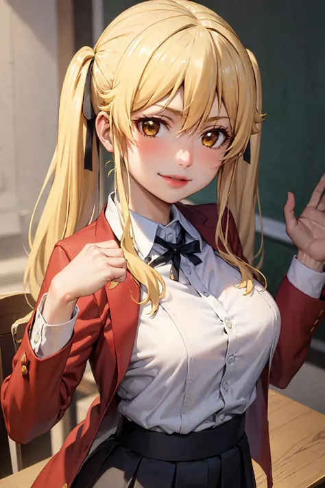 (best quality:1.1), (masterpiece:1.4), (absurdres:1.0), portrait, smile
1girl, saotome mary , school uniform, twintails, blonde hair, black skirt, looking at viewer,
<lora:Kizuki - Kakegurui Saotomi Mary LoRA:0.75>,