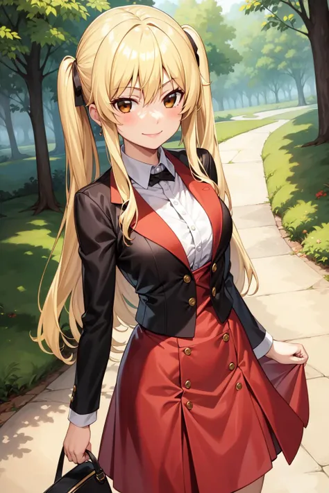 masterpiece, best quality, 1girl, solo, saotome mary, twintails, blonde hair, brown eyes, <lora:Kizuki - Kakegurui Saotome Mary LoRA:0.5>, evil smile, forest