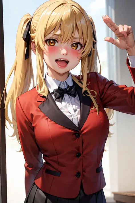 best quality, masterpiece, portrait, laughing,
1girl, saotome mary , red jacket, school uniform, twintails, blonde hair, looking at viewer, blush, black skirt, aged up,
<lora:Kizuki - Kakegurui Saotomi Mary LoRA:0.55>,
