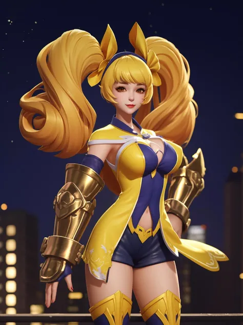 WZRYsunshangxiangHPQJ, 1girl, solo, thighhighs, twintails, long hair, blue shorts, blonde hair, gauntlets, boots, looking at viewer, red eyes, breasts, standing, hand on hip,dress,hair bow,  <lora:WZRYsunshangxiangHPQJ:0.75>,cityscape, night,mature female, light smile,