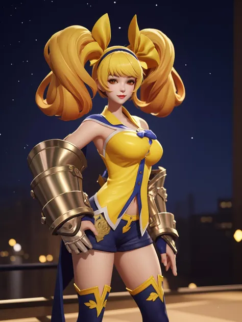 WZRYsunshangxiangHPQJ, 1girl, solo, thighhighs, twintails, long hair, blue shorts, blonde hair, gauntlets, boots, looking at viewer, red eyes, breasts, standing, hand on hip,dress,hair bow, <lora:WZRYsunshangxiangHPQJ:0.75>,cityscape, night,mature female, light smile,