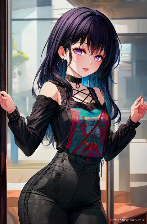 (nsfw), (uncensored), (1girl) , young female in her twenties, Japanese, Gyaru,,
(Purple eyes Monolid Eye Shape ), Scattered eyebrows, (Black Sultry wet-look style hairstyle), (beautiful eyes,beautiful girl,beautiful hair:1.2),
short,(Hourglass body), (flat chest) ,
(sexy gothic,goth,<lora:EnvyGoth01-sd15:0.8>,wearing Intricately designed pink Distressed overalls and a striped tee), with underneath (luxurious Mantis green Crochet bikini with a scalloped edge and a bohemian-inspired print:0.5),<lora:ClothingAdjuster3:-0.75>, Tattoo sleeves, , Casual weekend makeup,fake eyelashes,,, ,chocker, gemstone earrings ,
(solo focus), cowboy shot, , , ,
(masterpiece:1.4),(best quality:1.4),(high resolution:1.4),highres,absurdres,ultra high res,official art,famous artwork,beautiful and aesthetic,detailed skin,detailed hair,intricate details,highly detailed,hard focus,hdr,elegant,majestic,amazing,colorful,original,cinematic lighting,contrast,ray tracing,<lora:1epi_noiseoffset2:0.8>,<lora:hyperdetailer_v095:0.5>,<lora:light:0.65>,
background A bustling, colorful fruit market at Dawn,<lora:ManyakisStylev2:0.8>