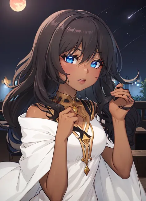 ((best quality)), ((highly detailed)), masterpiece, absurdres, extremely detailed face, beautiful face, (detailed eyes, deep eyes), (1girl), dynamic pose, upper body, ((dark skin, dark-skinned female, ebony)):1.2, dark brown hair, (very curly hair), brown eyes, (outside, at an altar, midnight, night sky, stars, blood moon, shooting star), <lora:ManyakisStyle:1>