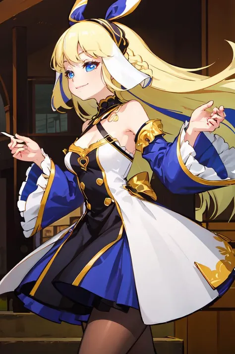 ultra detailed, masterpiece, best quality, solo, soft smile, light smile,
1girl, blue eyes, very long hair, blonde hair, long blonde hair, french braid, bangs, medium breasts,
hair ribbon, frilled choker, criss-cross halter, sleeveless dress, high-waist skirt, backless dress, waist bow, detached sleeves, frilled sleeves, wide sleeves, pantyhose, patterned legwear, mary janes, <lora:ManyakisStyle:1>