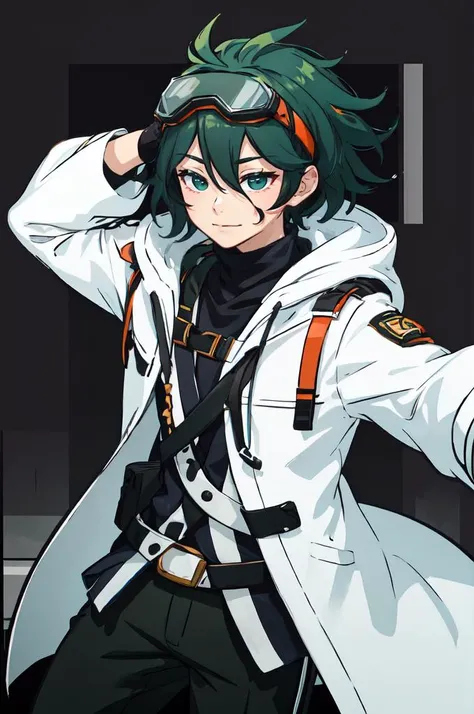 ultra detailed, masterpiece, best quality, solo, soft smile, light smile,
1boy, green eyes, short hair, black hair, bangs, hair between eyes, messy hair,
goggles on head, headband, white coat, hooded coat, hood down, open coat, turtleneck, capri pants, pants, black knee boots, <lora:ManyakisStyle:1>