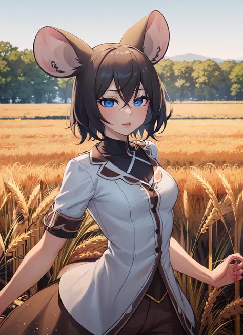 ((best quality)), ((highly detailed)), masterpiece, absurdres, (detailed eyes, deep eyes), (1girl), dynamic pose, cowboy shot, wide shot, <lora:aiomonstergirls_loraLocon:.1>, (mouse girl), mouse ears, mouse tail, (outdoors, in a wheat field, morning, sunrise), <lora:ManyakisStyle:1>