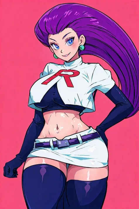 jessie pokemon, solo, team rocket, gloves, hair slicked back, long hair, jewelry, skirt, navel, thighhighs, earrings, elbow gloves, team rocket uniform, crop top, blue eyes, midriff, belt, black gloves, very long hair, smile, black thighhighs, purple hair, looking at viewer, breasts, white skirt, miniskirt<lora:JesseRocket:1.0> <lyco:ManyakisStyle-step00001800:1.1>