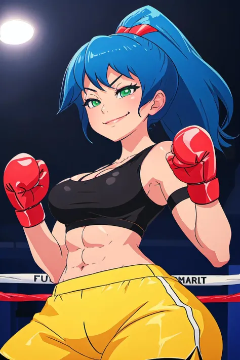 blue hair, green eyes, red boxing gloves, smug, smirk, abs, yellow sports bra, black shorts, large breasts, from below, boxing ring, <lyco:ManyakisStyle-step00001800:1.1>
