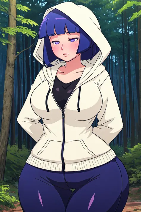 <lora:Hinata:0.6>, hyuuga hinata, lavender eyes, empty eyes, curvy, large breasts, white hoodie, black pants, blunt bangs, dark blue hair, blush, arms behind back, forest background, wide hips, thick thighs, <lyco:ManyakisStyle-step00001800:1.2>,