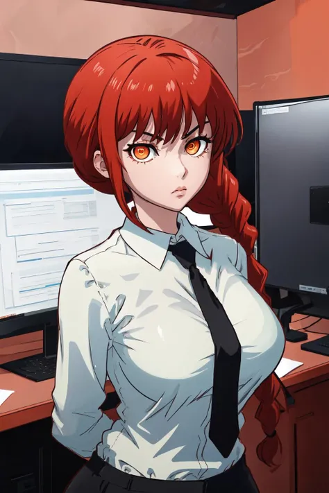 <lyco:Makima:0.9>, makimav1, white collared shirt, black pants, black necktie, wide hips, arms behind back, serious, single braid, orange eyes, ringed eyes, looking at viewer, office background, <lyco:ManyakisStylev2:1.0>