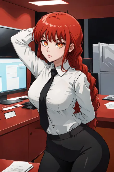 <lyco:Makima:0.9>, makimav1, white collared shirt, black pants, black necktie, wide hips, arms behind back, serious, single braid, orange eyes, ringed eyes, looking at viewer, office background, <lyco:ManyakisStylev2:1.0>