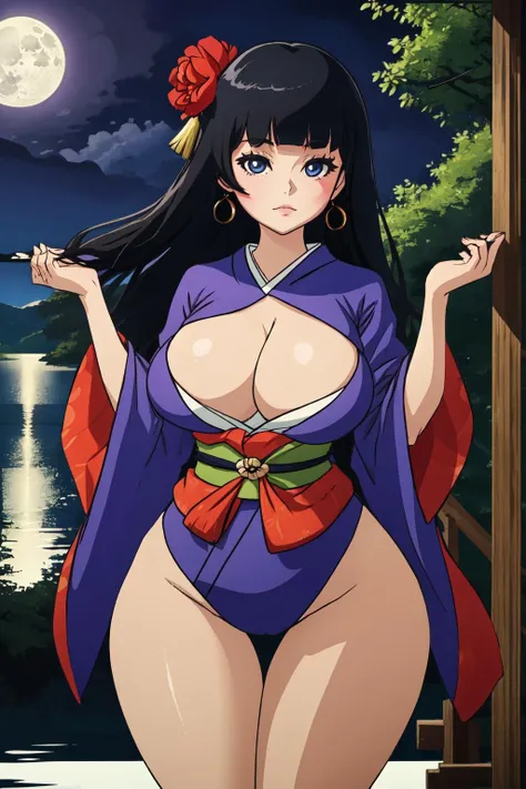 black hair, long hair, large breasts, kimono, wide hips, looking at viewer, thighs, blunt bangs, thigh gap, full moon, lake, moonlight, kanzashi, platform, cowboy shot, <lyco:ManyakisStylev2:1.2>